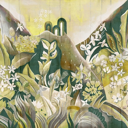 Khroma  Elisian Sunrise panel - Különleges,zöld árnyalatos festett tájkép panel tapéta
