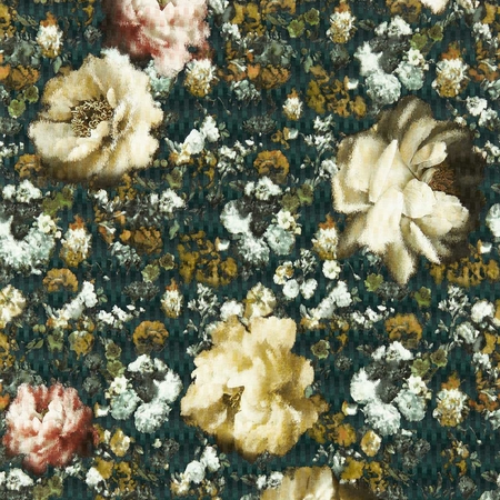 Színes virágmintás tapéta, fényes felület, sötétzöld alapon beige, terrakotta és okkersárga színű elmosodótt virágok. Clarke and Clarke Camile TEAL/SPICE  W0148/03